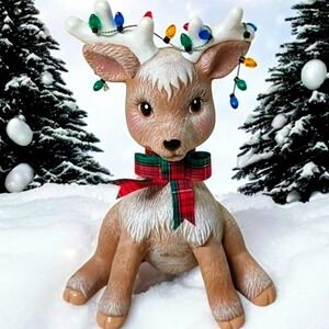 Vintage 80's Handpainted Ceramic Sitting Reindeer. Lights In Antlers. Plaid Bow.